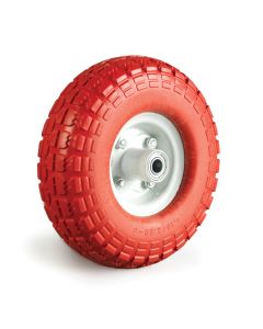10" x 3-1/2" Red Knobby Tread on White Hub, Never Flat Wheel, 5/8" Ball Bearing, Offset Hub, 2" Hub, 350# Load Capacity
